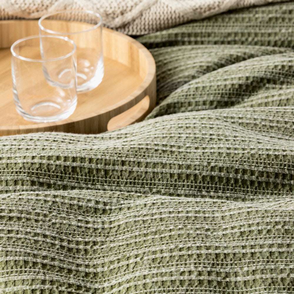 In2Linen Stone Washed Waffle Weave Pure Cotton Quilt Cover Set I Green