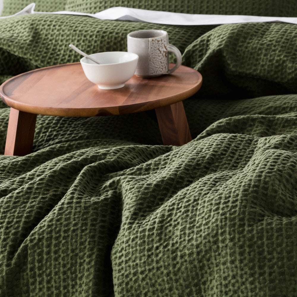 In2Linen Chunky Waffle Pure Cotton Quilt Cover Set I Olive Green